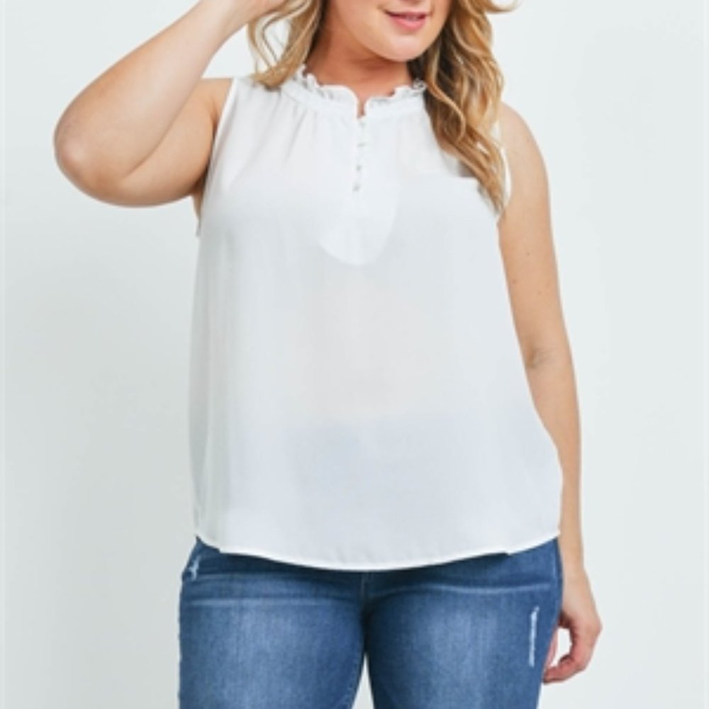 Plus Size, Off White Sleeveless, Ruffled Neck Top